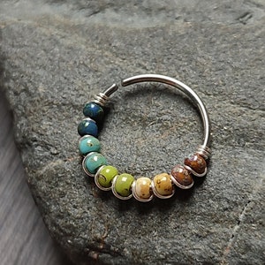 Earth Tones Boho Mini Beaded Nose Ring, 316 Surgical Steel Wire Wrapped Cartilage or Septum Piercing, Handmade Body Jewelry
