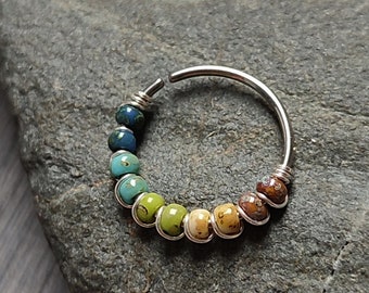 Earth Tones Boho Mini Beaded Nose Ring, 316 Surgical Steel Wire Wrapped Cartilage or Septum Piercing, Handmade Body Jewelry