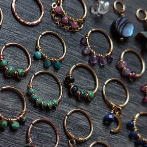 READY TO SHIP - Gold Filled Piercing Rings with Glass Beads, Chains, Charms and Gemstones, Handmade Body Jewelry