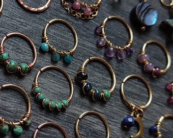 READY TO SHIP - Gold Filled Piercing Rings with Glass Beads, Chains, Charms and Gemstones, Handmade Body Jewelry