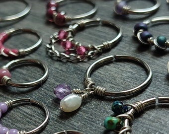 READY TO SHIP - Piercing Rings with Glass Beads, Chains and Gemstones, Handmade Unique Jewelry, Cute Nose Ring