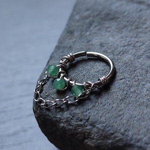 Green Aventurine Piercing Ring with Dangle Chain, Handmade Gemstone Cartilage or Septum Hoop, 316 Surgical Steel or 14k Gold Filled