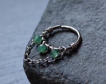 Green Aventurine Piercing Ring with Dangle Chain, Handmade Gemstone Cartilage or Septum Hoop, 316 Surgical Steel or 14k Gold Filled