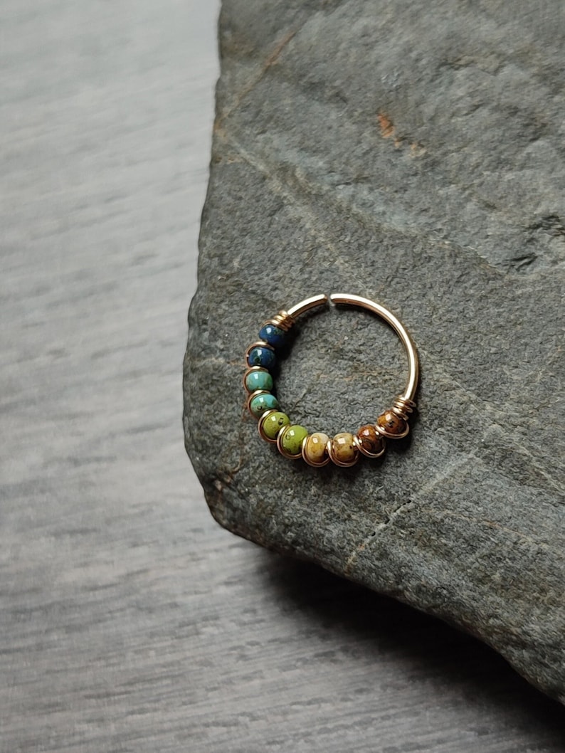 Earth Tones Nose Ring with Mini Beads, 14k Gold Filled Cartilage or Septum Piercing, Handmade Bohemian Body Jewelry image 1