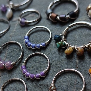 READY TO SHIP - Piercing Rings with Glass Beads, Chains and Gemstones, Handmade Unique Jewelry