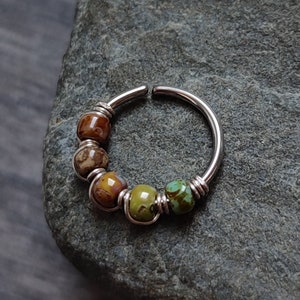 Earth Tones Beaded Nose Ring, 316 Surgical Steel Cartilage or Septum Piercing, Handmade Unisex Body Jewelry
