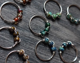 Nose Ring with Glass Beads, Surgical Steel Boho Septum, Nostril, Helix or Conch Piercing, Colorful Handmade Hippie Jewelry