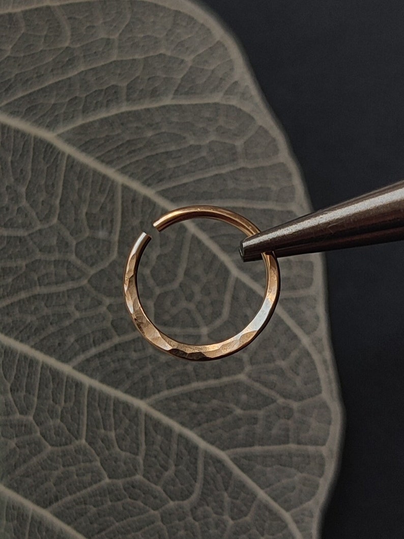 Gold Filled Septum Ring with Hammered Texture, Unique Handmade Body Jewelry, 18g Piercing Hoop image 3