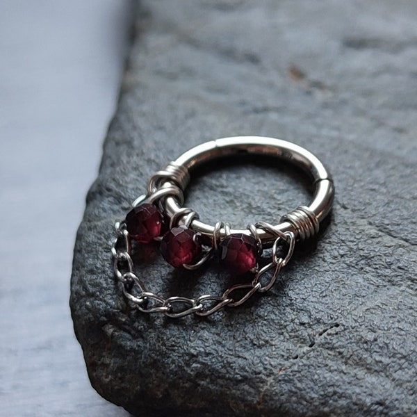 14g Septum Clicker with Chain and Garnet Beads in 316 Surgical Steel, Handmade Gothic Alternative Piercing Jewelry