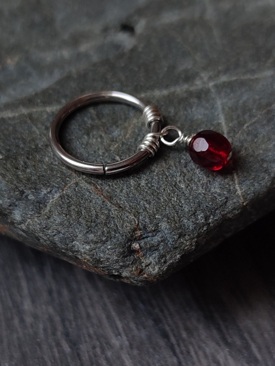 Red Charm Helix Hoop, Czech Glass Bead Handmade Piercing Jewelry, Sterling Silver or Surgical Steel Huggie Hoop