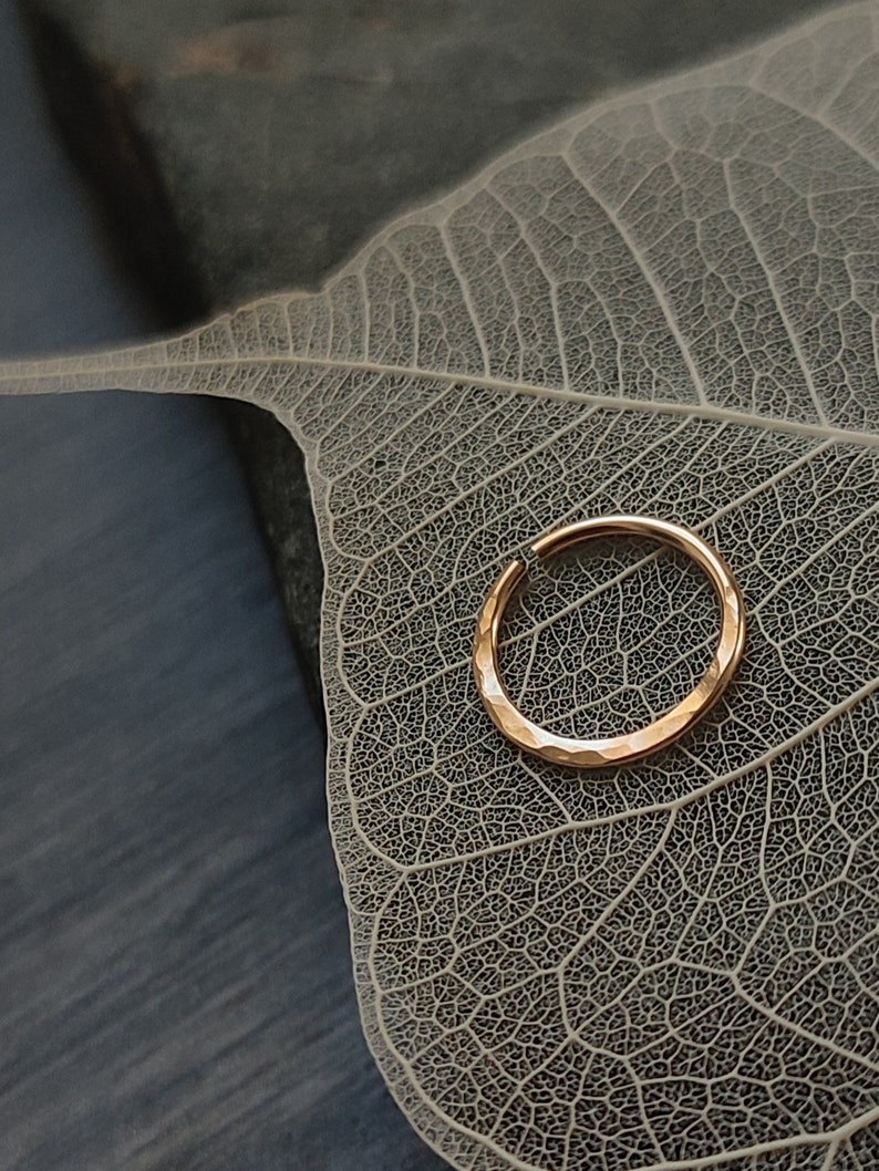 Gold Filled Septum Ring with Hammered Texture, Unique Handmade Body Jewelry, 18g Piercing Hoop image 2