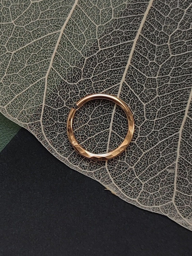 Gold Filled Septum Ring with Hammered Texture, Unique Handmade Body Jewelry, 18g Piercing Hoop image 1