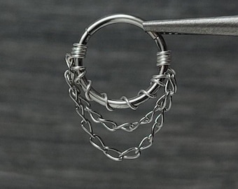16g Clicker Double Chain Septum Ring in 316 Surgical Steel, Handmade Gothic Alternative Body Jewelry