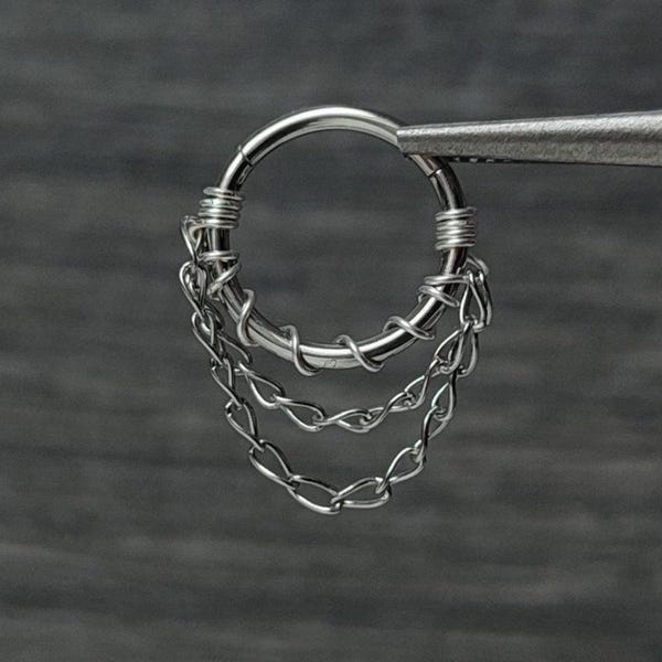 16g Clicker Double Chain Septum Ring in 316 Surgical Steel, Handmade Gothic Alternative Body Jewelry