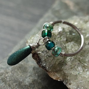 Green Glass Charm Piercing Ring, Unique Handmade Body Jewelry, Sterling Silver or Surgical Steel Beaded Earring