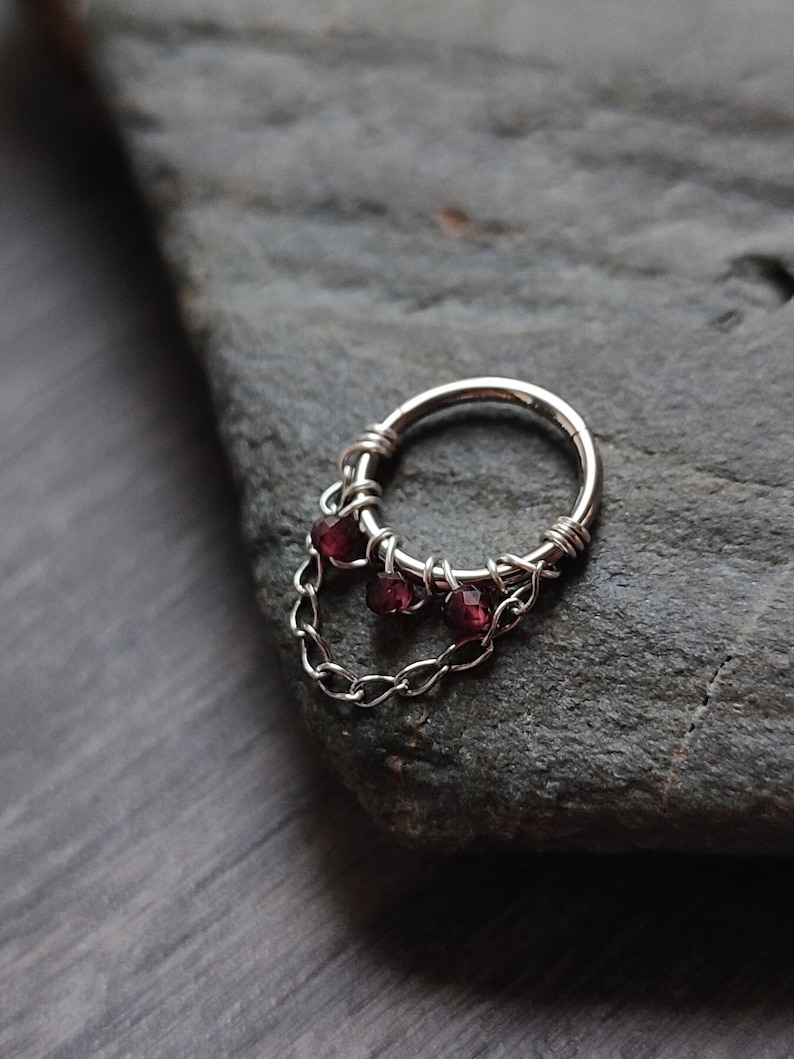 Septum Clicker with Chain and Garnet Beads in 316 Surgical Steel, Handmade Gothic Alternative Piercing Jewelry image 1