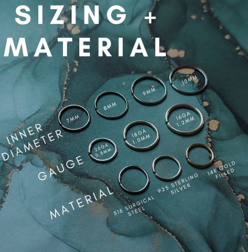 May include: A variety of sizes and gauges of nose rings, including 7mm, 8mm, 9mm, 10mm, 20 gauge, 18 gauge, and 16 gauge. The rings are made of 316L surgical steel, 925 sterling silver, and 14k gold filled.