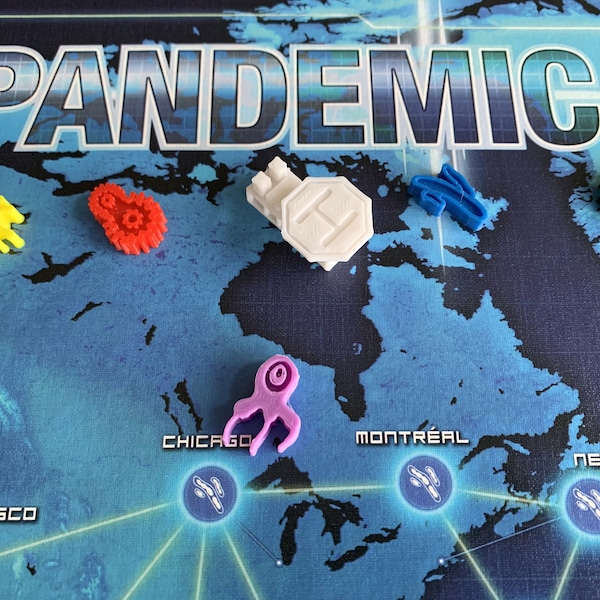 3D-getextureerde virustokens, onderzoekscentra voor pandemisch spel - (96 tokens, 6 onderzoekscentra, 24 optioneel paars)