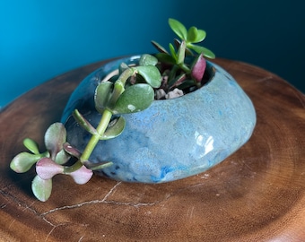 5” handmade ceramic planter: drippy ocean blues w drainage hole
