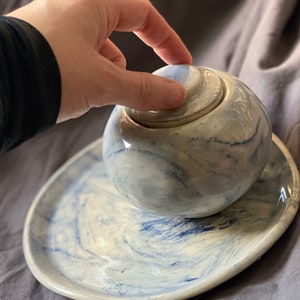 ceramic &quot;ancient&quot; blue and white tray and container set