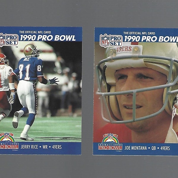 1990 Pro Set Football #408 and #411 Pro Bowl Hawaii Joe Montana - Jerry Rice Near Mint