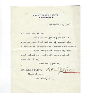 Politics David Jayne Hill - Asst. Secretary of State - Autographed Letter (TLS), 1907 W/COA