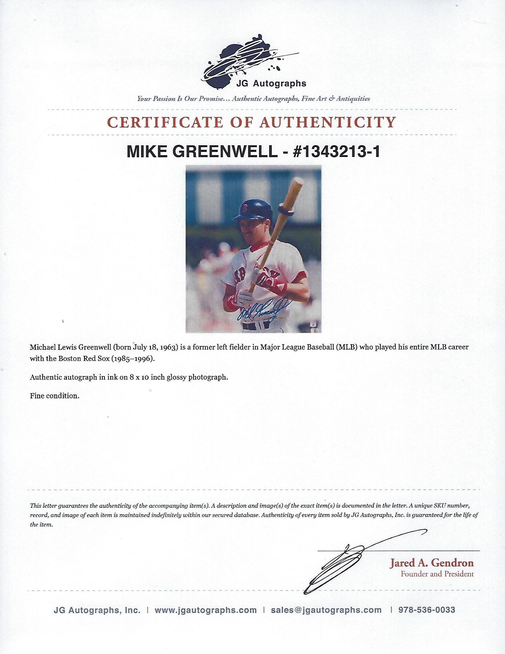 Mike Greenwell Boston Red Sox Signed 8X10 Photo JSA Auction Letter