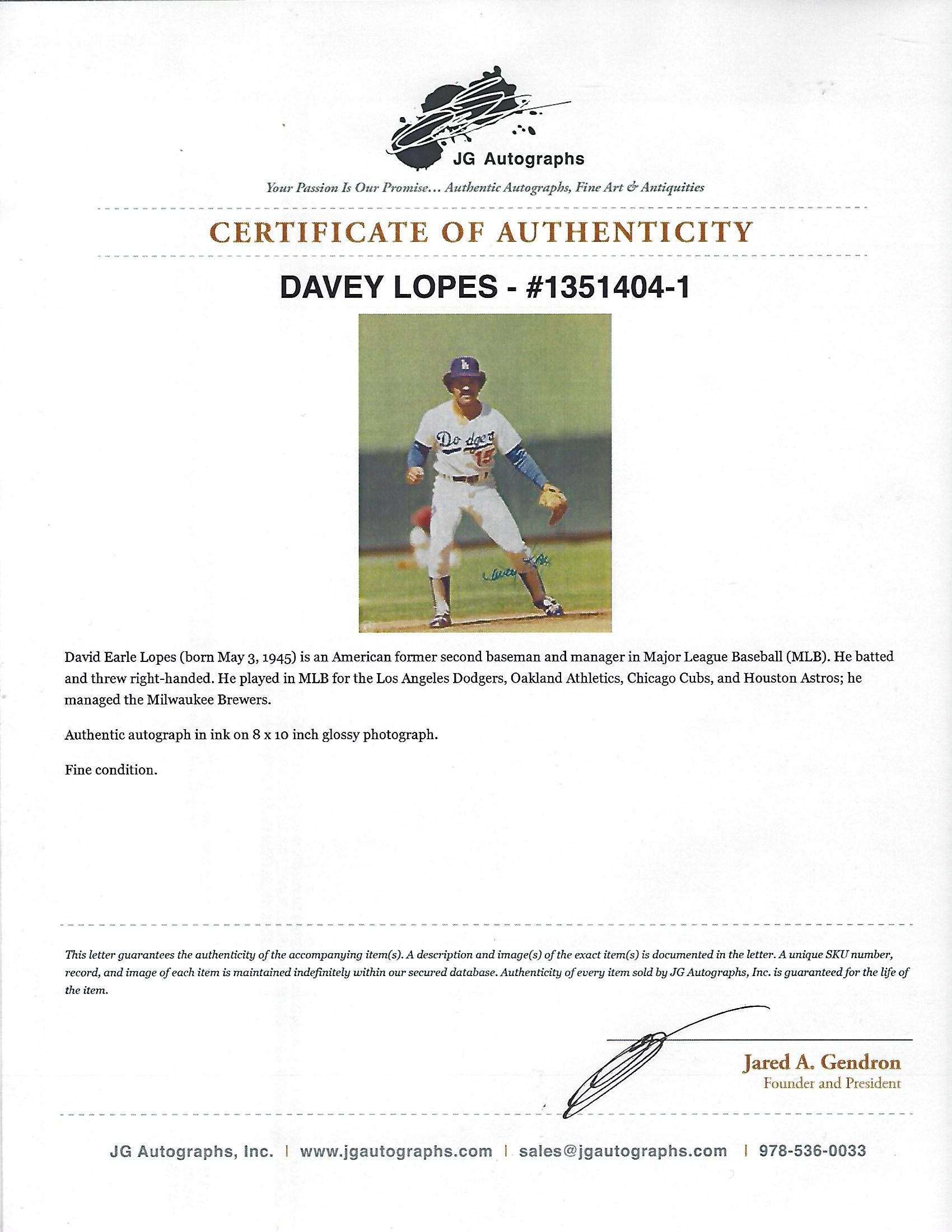 MLB Davey Lopes LA Dodgers Autographed 8x10 Photo W/COA 