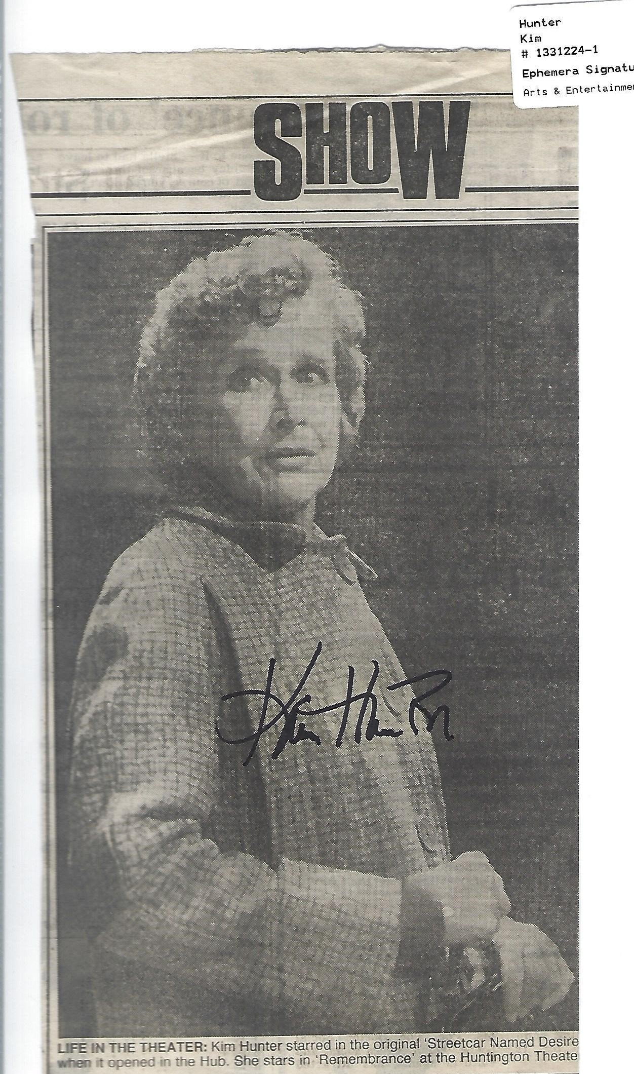 Actress Kim Hunter - "Dr. Zira" Planet of the Apes-A Streetcar Named Desire - Autographed News Clipping W/COA