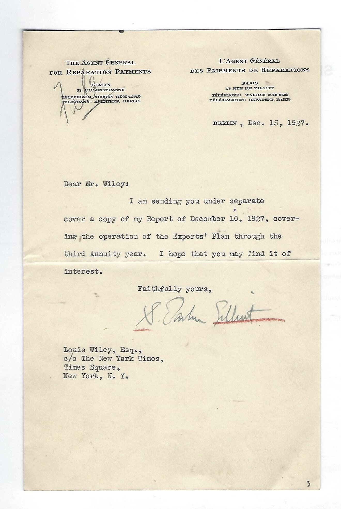 Politics Seymour Parker Gilbert - Asst. Sect. of Treasury - Autographed Letter, 1927 W/COA