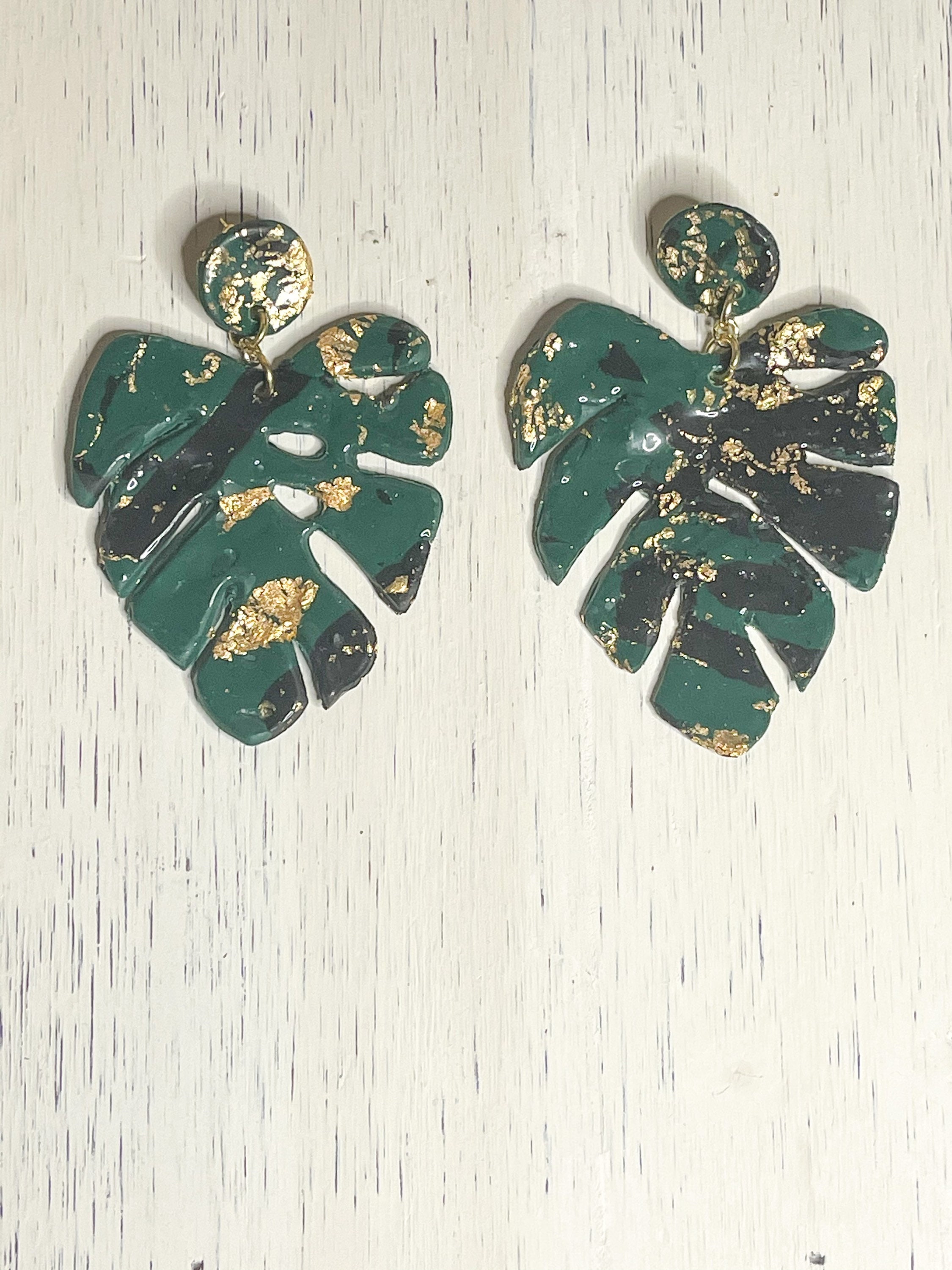 Polymer Clay Earrings Dark Green White and Gold Flakes Resin Coating