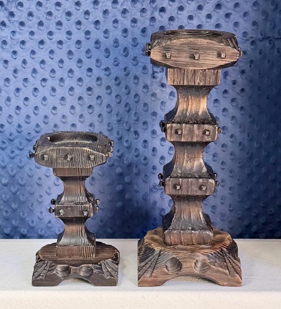 Vintage Brutalist Wood Candle Holders, Hand-Carved Spanish Revival Pillar Stands (Set of 2)