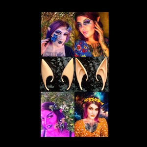 May include: Four photographs of people wearing elf ears. The ears are made of a flesh-toned material and are designed to look like pointy elf ears. The photos show the ears being worn by people with different hair colours and styles. The ears are a popular accessory for cosplay and fantasy events.