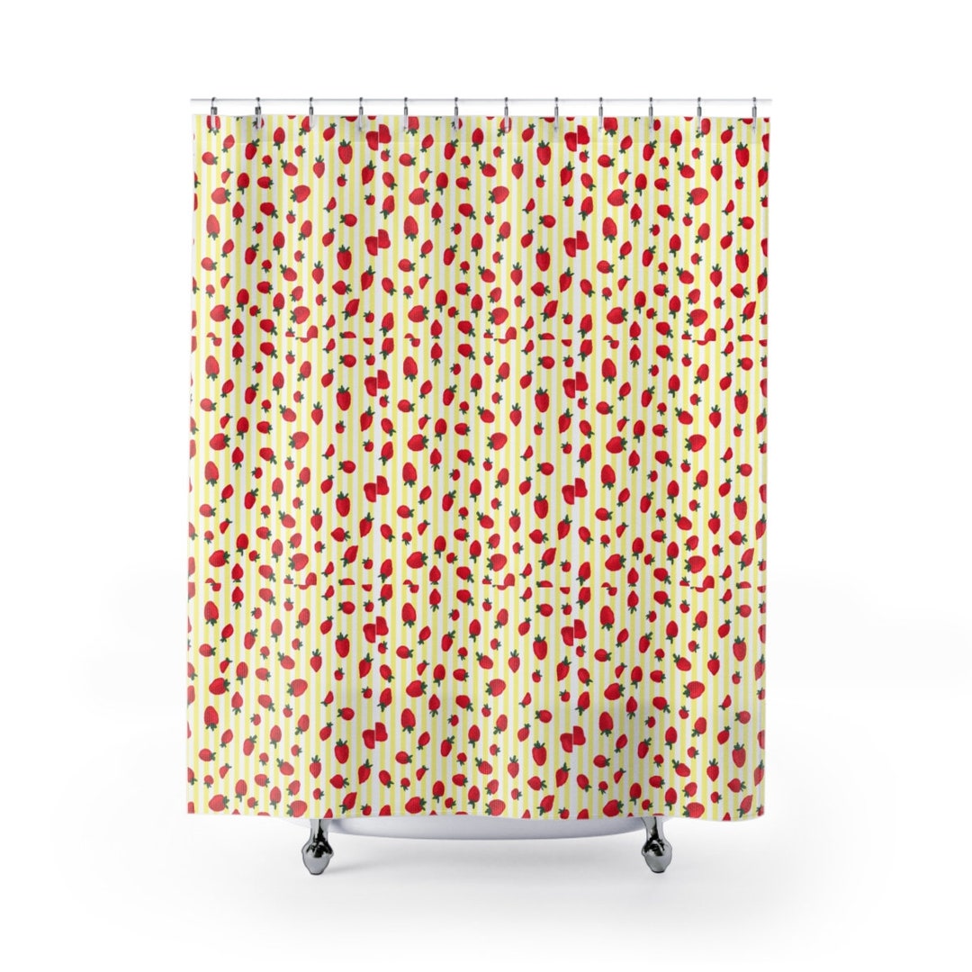 Strawberry Pattern Shower Curtain for Housewarming Gift, Red and Yellow Color Bath Curtain for
