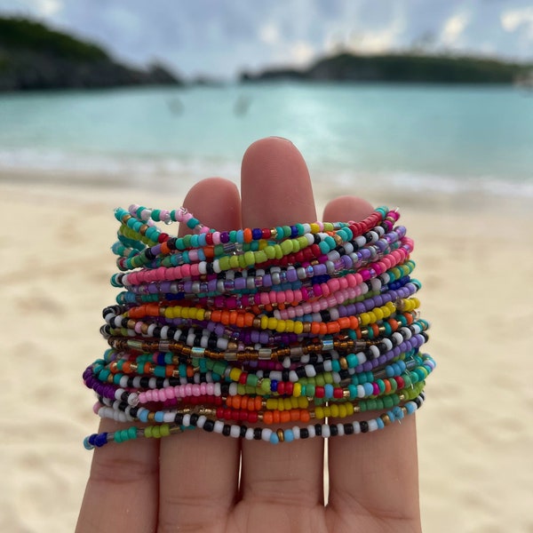 Set of Six Colorful Boho Beaded Bracelets, Beachy Summer Bracelet Stackable, Rainbow Tiny Confetti Beads Bracelets, Camp Bracelets