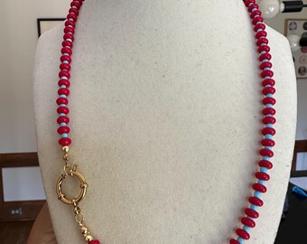 Beaded Colorful Coral Red and Turquoise Blue Necklace, Multicolor Layering Necklace, Farm Rio Inspired
