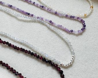 Tiny Gemstone Beaded Necklace, Amethyst, Citrine, Garnet, Labradorite, Dainty Cute Sparkly Choker, Natural Stone, Everyday Simple Necklace