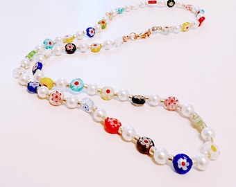 Millefiori Glass Floral Necklace, Millefiori Beaded Jewelry, Trendy Venetian Glass Beads Necklace, Summer Jewelry, Spring Fashion