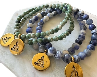 Sodalite Natural Stone Beaded Bracelet with Gold Buddha Charm, Moss Agate Stretch Bracelet, Boho Yoga Spiritual Jewelry, Mother’s Day Gift