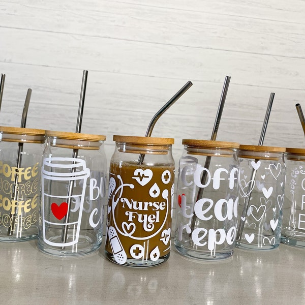 Iced Coffee Glass, Glass Coffee Cup, 16 oz, Beer Can Glass, Boho Tumbler, Glass Cups with Lids and Straws