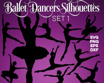 May include: Black silhouettes of ballet dancers in various poses against a purple gradient background. The image includes the text "Ballet Dancers Silhouettes SET 1" in white script. File formats: SVG, PNG, EPS, and DXF.
