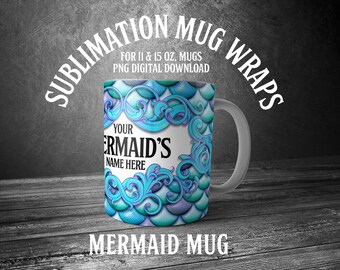 MERMAID MUG: Printable Mug Wrap Sublimation Design #18. For printing on 11oz and 15oz mug sizes. Digital art download.