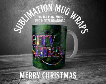 MERRY CHRISTMAS: Printable Mug Wrap Sublimation Design #19. For printing on 11oz and 15oz mug sizes. Digital art download.