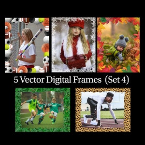 Könnte beinhalten: Ein digitales Kunstbild mit fünf Vektor-Digitalrahmen. Die Rahmen zeigen verschiedene Szenen: eine Baseballspielerin, ein Mädchen mit einem Geschenk, ein Kind in Herbstblättern, Fußballspieler und ein Läufer. Der Text "5 Vector Digital Frames (Set 4)" ist zu sehen.
