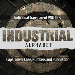 May include: An image showcasing an industrial-style digital alphabet. The word "INDUSTRIAL" is displayed in a textured, metallic font, with "ALPHABET" beneath. The design includes the text "Individual Transparent PNG files" and "Caps, Lower Case, Numbers and Punctuation". The background has a textured metal appearance.