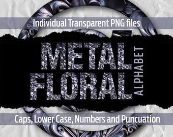 METAL FLORAL Alphabet #120: Printable transparent png - clip art- cut files- digital art- Cricut sublimation- overlays- digital download