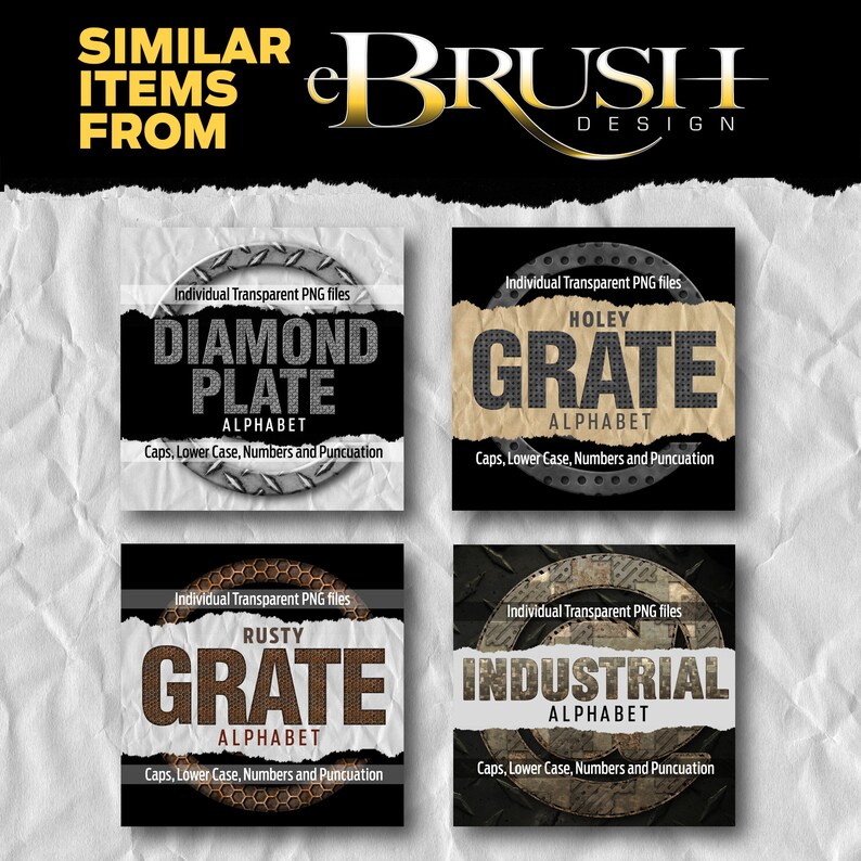 May include: Four different alphabet font designs with a rusty, industrial theme. Each font is displayed on a separate square with a torn paper background. The fonts are "Diamond Plate", "Holey Grate", "Rusty Grate", and "Industrial".