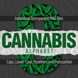 May include: Image of the word "CANNABIS" in green letters filled with cannabis leaves, with the word "ALPHABET" below it. The background is a dark gray, textured paper. The image also includes the text "Individual Transparent PNG files" and "Caps, Lower Case, Numbers and Punctuation."