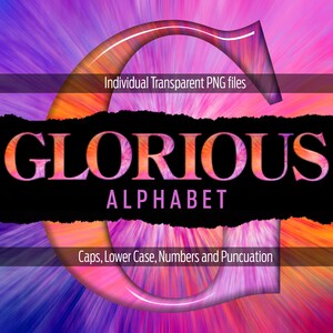 Könnte beinhalten: Ein bunter, abstrakter Hintergrund mit einem großen, glänzenden, pinkfarbenen und orangen Buchstaben G. Der Buchstabe ist weiß umrandet und hat einen 3D-Effekt. Der Text "GLORIOUS ALPHABET" wird in einem schwarzen Banner mit einem zerrissenen Rand angezeigt. Der Text "Individuelle transparente PNG-Dateien" wird in einem weißen Banner über dem Buchstaben G angezeigt. Der Text "Großbuchstaben, Kleinbuchstaben, Zahlen und Satzzeichen" wird in einem weißen Banner unter dem Buchstaben G angezeigt.