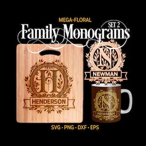 May include: A set of two wood cutting boards with engraved floral monograms. The first board has the letter "H" with the name "Henderson" below it. The second board has the letter "N" with the name "Newman" below it. The boards are part of a "Mega-Floral Family Monograms" set.